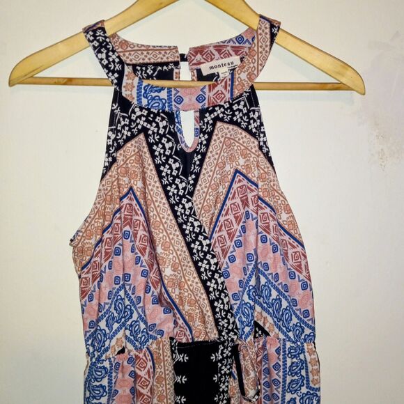 Monteau High Neck Faux Wrap Dress-Large-Bandana Print-Elastic Waist-Keyhole Back - Picture 2 of 7